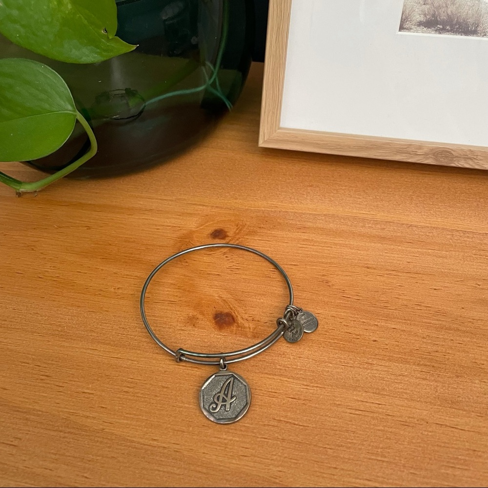 Alex and Ani 'A' Charm Monogram Initial Bracelet Worn Rafaelian Silver